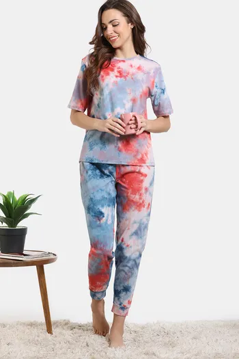 Buy Zivame Tie-Dye Knit Cotton Pyjama Set - Salmon Rose